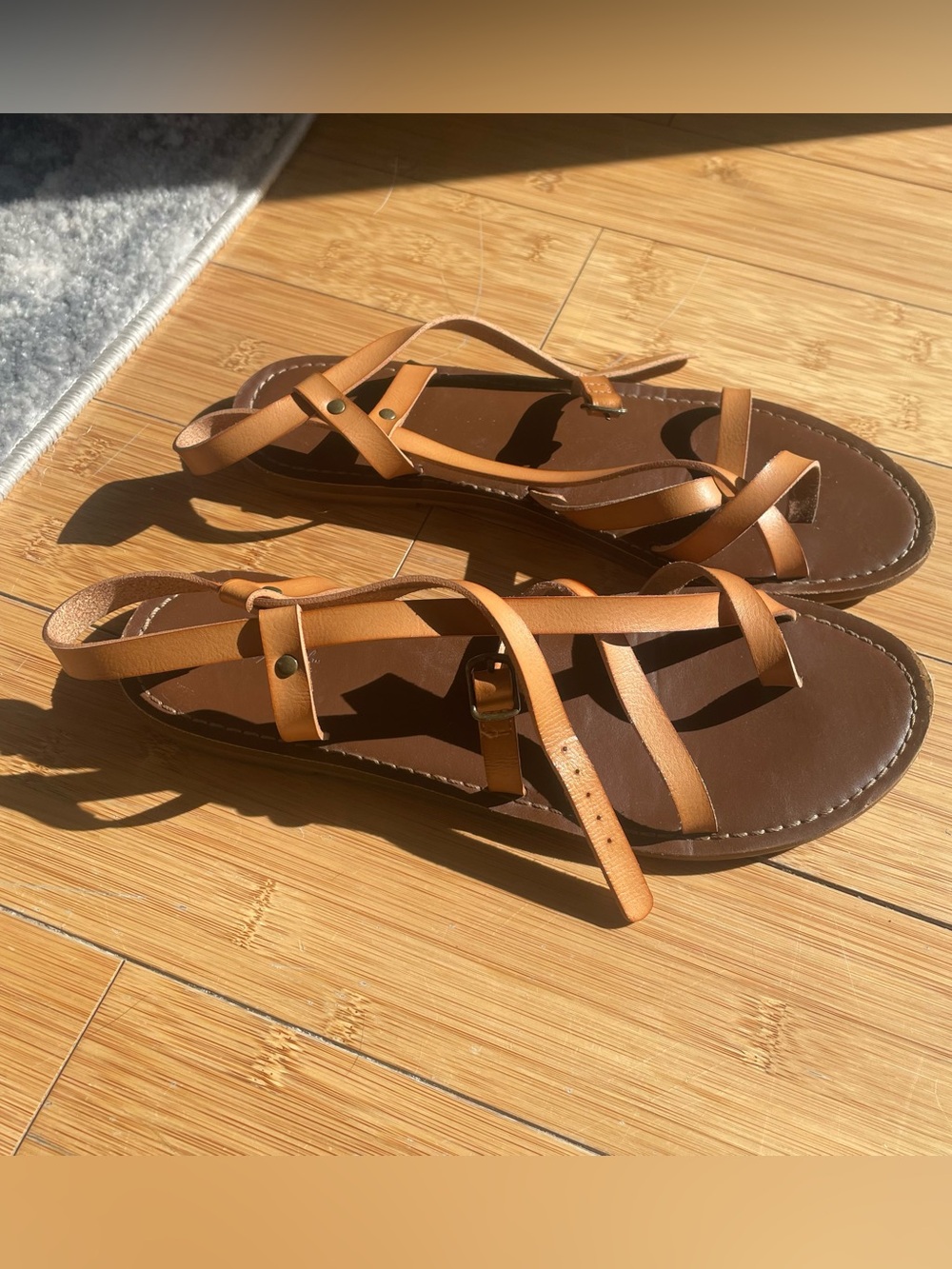 Universal Thread Tan Strappy Leather-Look Flat Sandals
